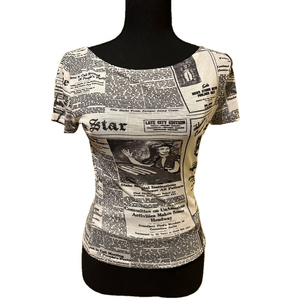 RONNY KOBO NEWS PRINT BLACK AND WHITE MESH ZANABAR SHORT SLEEVE TOP